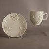 W809 Bow blanc de chine cup with crabstock handle and saucer, circa 1752