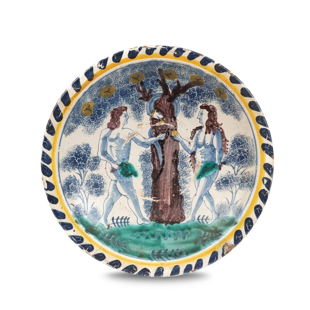 AA46 English early delftware pottery blue dash dish of the Temptation of Adam and Eve, circa 1700, possibly Bristol England