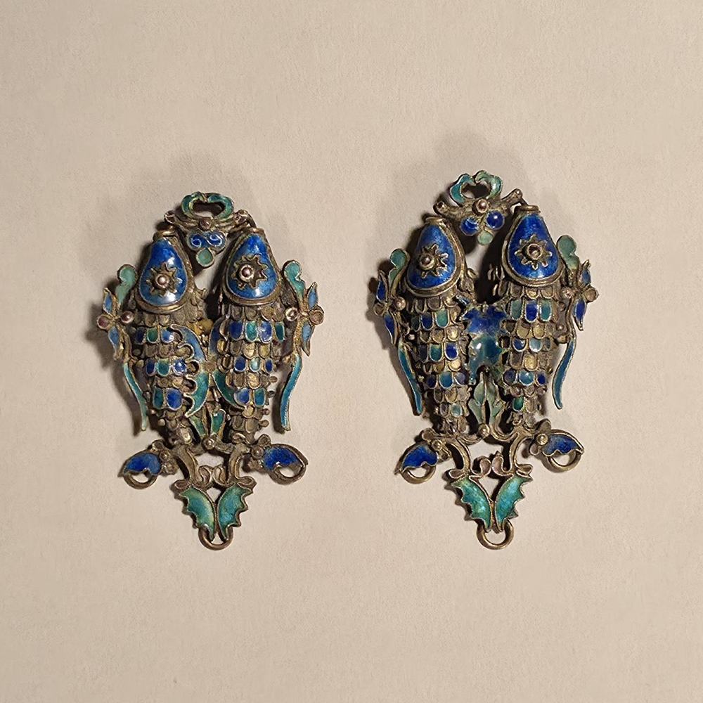 AA108 Pair of filigree and enamel double Koi fish pendants