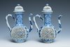 AA15 A pair of blue and white double-walled reticulated ewers