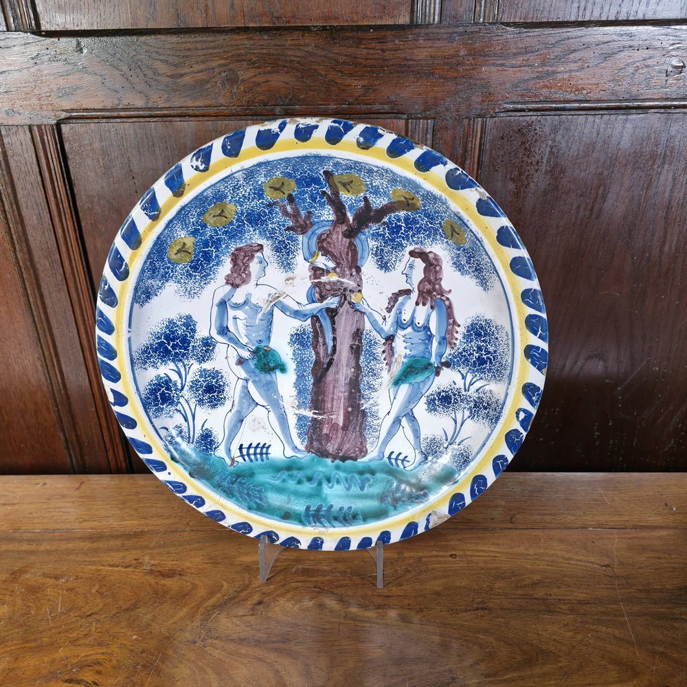 AA46 English early delftware pottery blue dash dish of the Temptation of Adam and Eve, circa 1700, possibly Bristol England