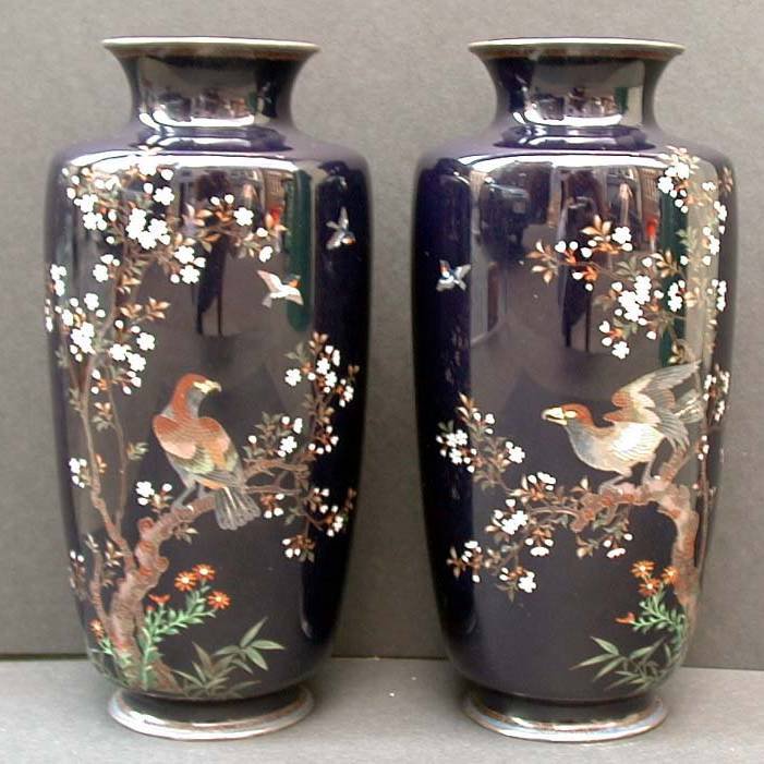 H195 Fine pair of Japanese dark blue cloisonne vases Meiji