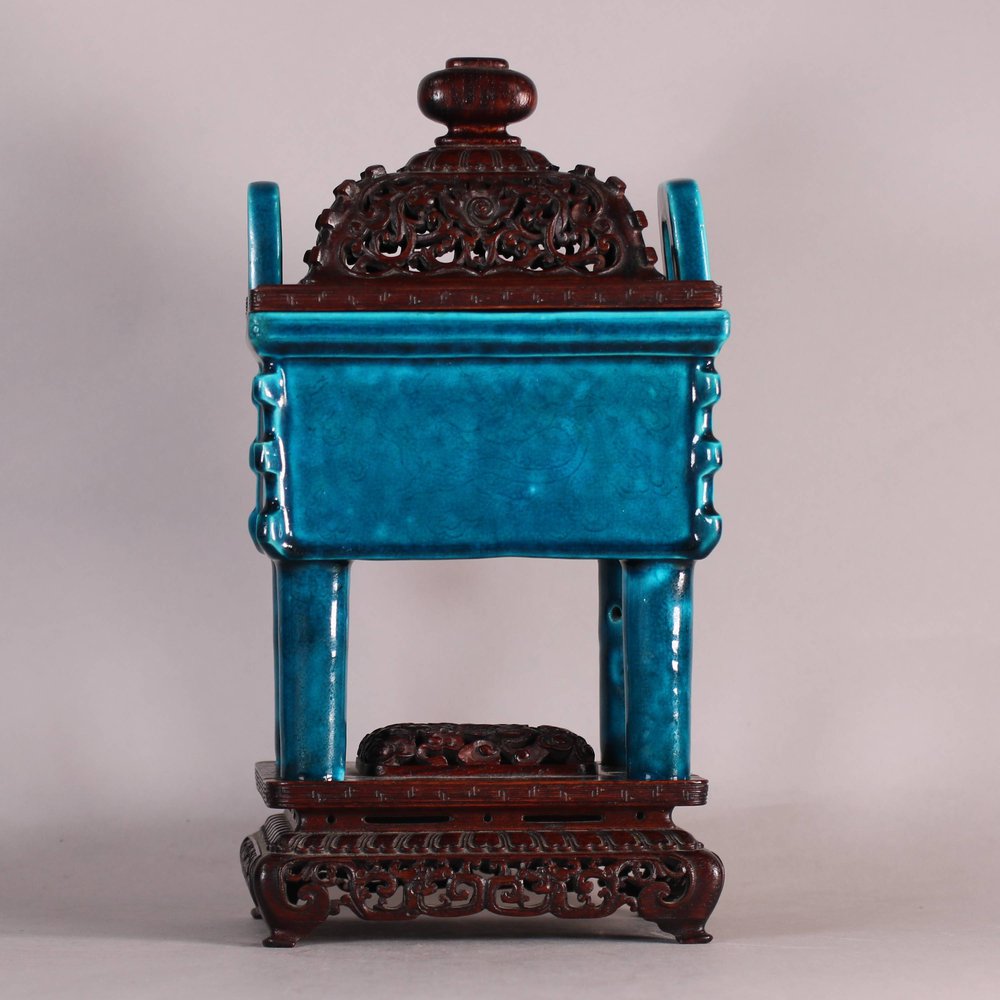 W594 Fine Chinese turquoise food vessel Kangxi(1662-1722) of square cross-section with opposing loop handles, raised on four columnar feet; the corners with flanges; each side incised with a mythical beast