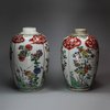 JB32 Near pair of famille-verte ovoid jars, Kangxi (1662-1722)