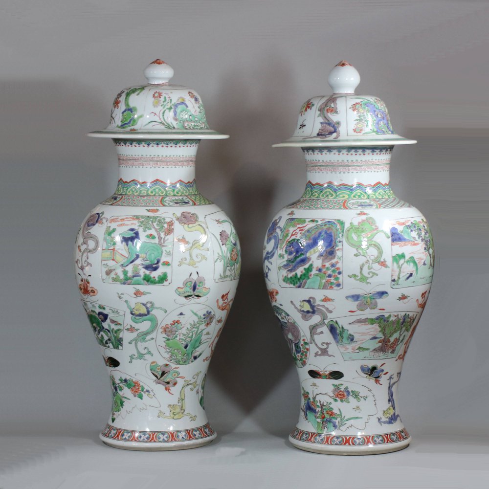 JB60 Matched pair of famille verte baluster vases and covers