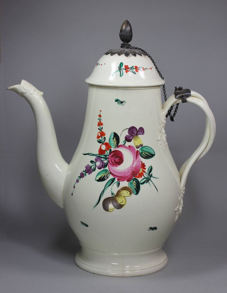 L270 English Leeds Creamware coffee pot with metal mounts, c.1760