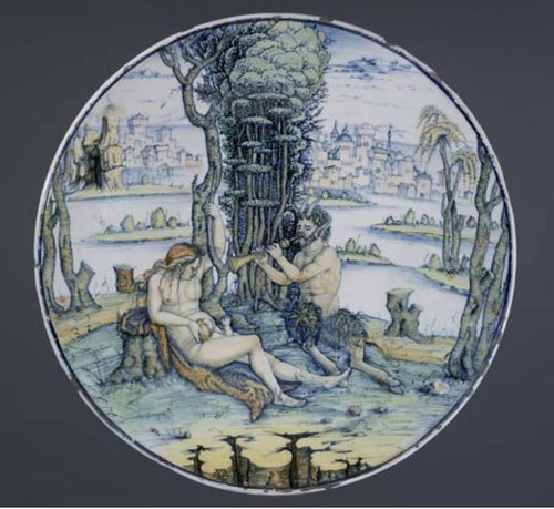Figure 3. Dish, A satyr piping to a woman and child in a landscape