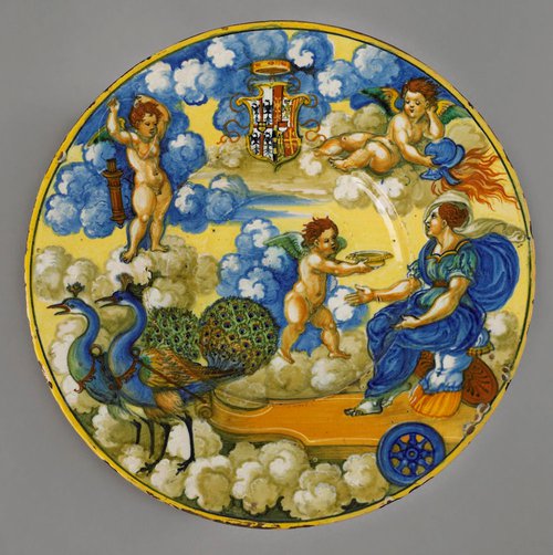 Figure 7. Plate, The Chariot of Juno, the arms of Federico Gonzaga, Marquess of Mantua and his wife, Margherita Paleologo of Montferrat. Diam. 10 3/4in., (27.4cm). Urbino, Nicola da Urbino, ca. 1533 (c) Copyright The Trustees of the Wallace Collection