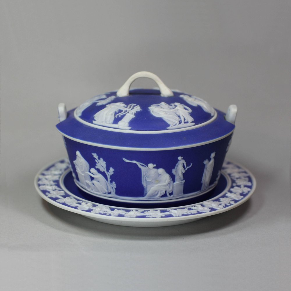 N485 Wedgwood blue jasper butter tub, cover and stand