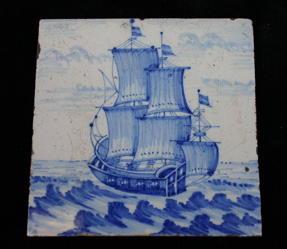 P17 Blue and white tile with a shipping scene