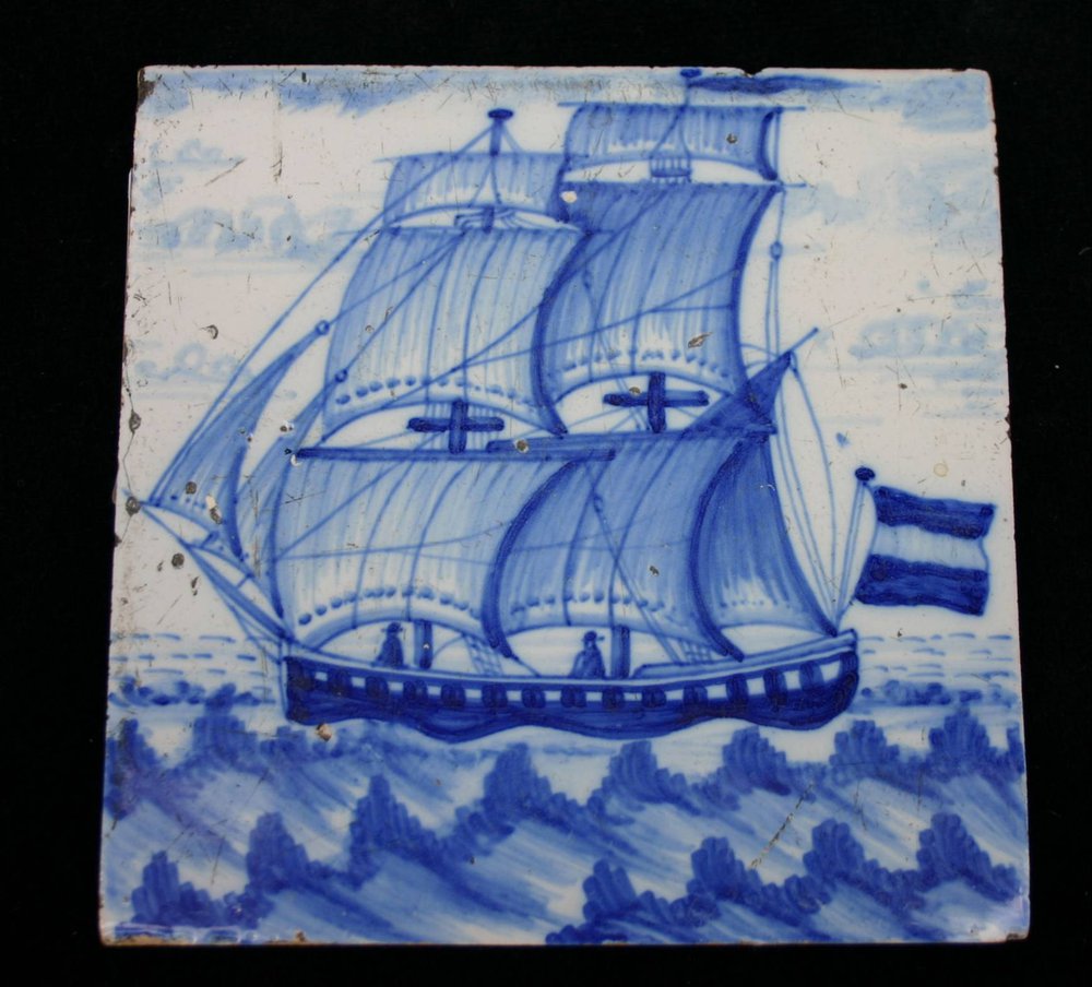 P19 Blue and white tile with a shipping scene