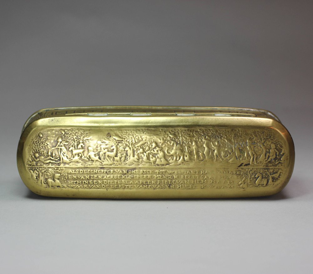 P714 Dutch brass tobacco box, 18th century, of rectangular form