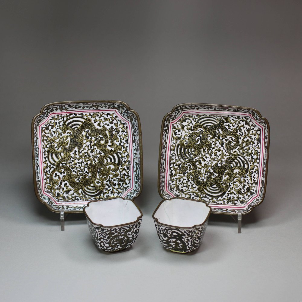 P746 Pair of Chinese Canton enamel cups and saucers, 18th century