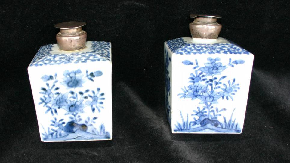 P793 Pair of Japanese blue and white square-section flasks