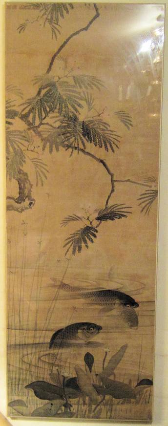 Q772 Scroll painting, 19th century, of carp wimming amongst reeds