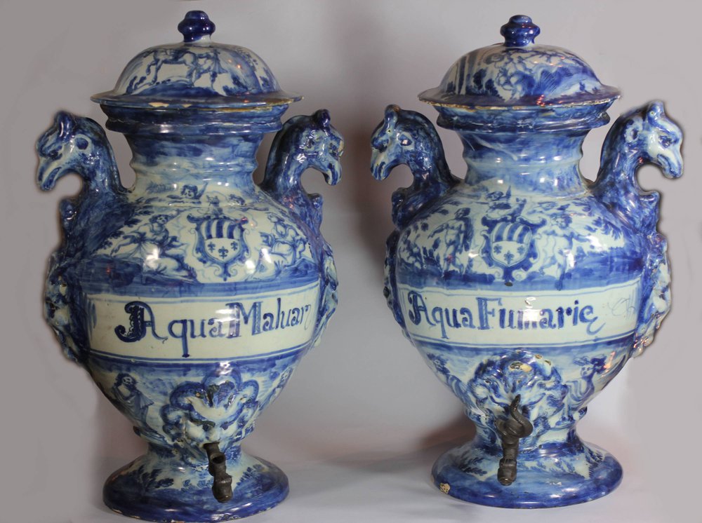 R937 Pair of Italian Savona blue and white amphoras and covers