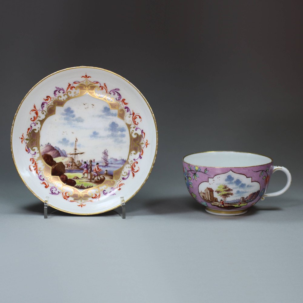 U136 Meissen purple-ground teacup and saucer, c. 1735-40