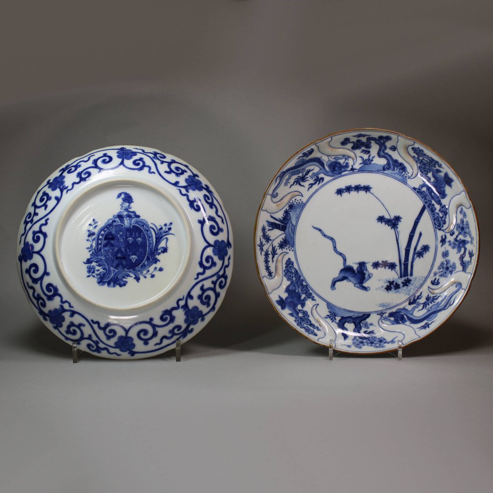 U159 Rare pair of Chinese blue and white armorial dishes in the Japanese-style