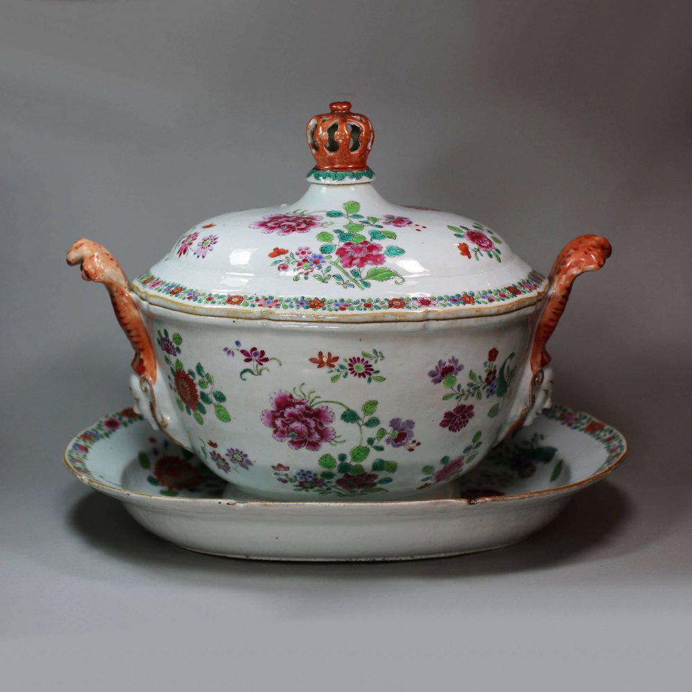 U189 Large famille rose soup tureen, cover and underdish