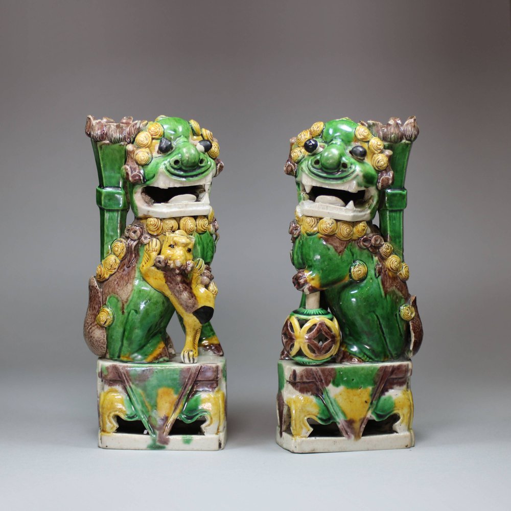 U340 Pair of famille verte biscuit dogs of Fo incense burners