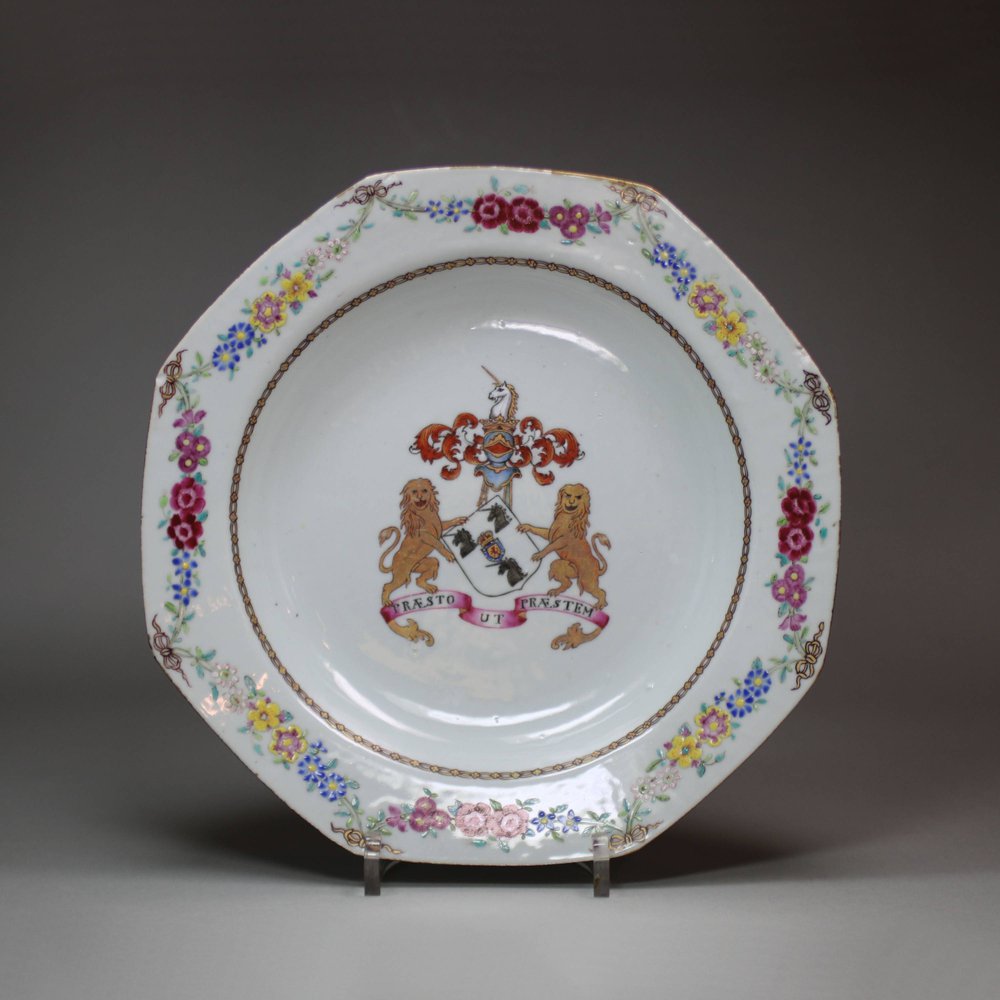 U379 Octagonal famille rose armorial soup plate, c. 1770