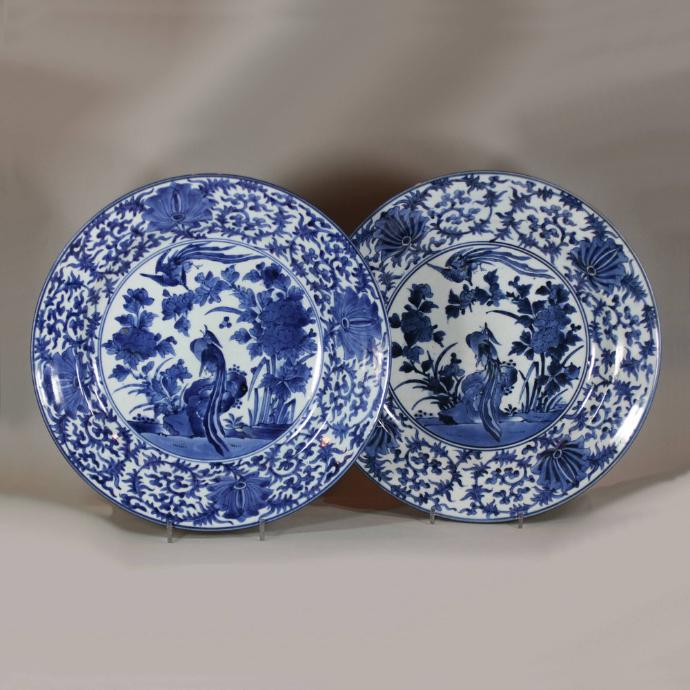 U574 Pair of large Japanese Arita blue and white chargers