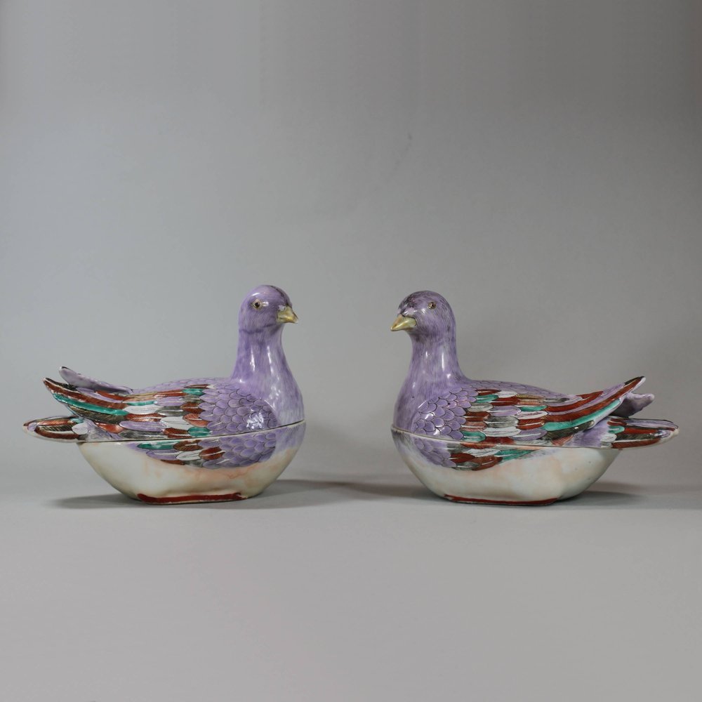 MU610 Extremely rare pair of famille rose export bird sauce tureen