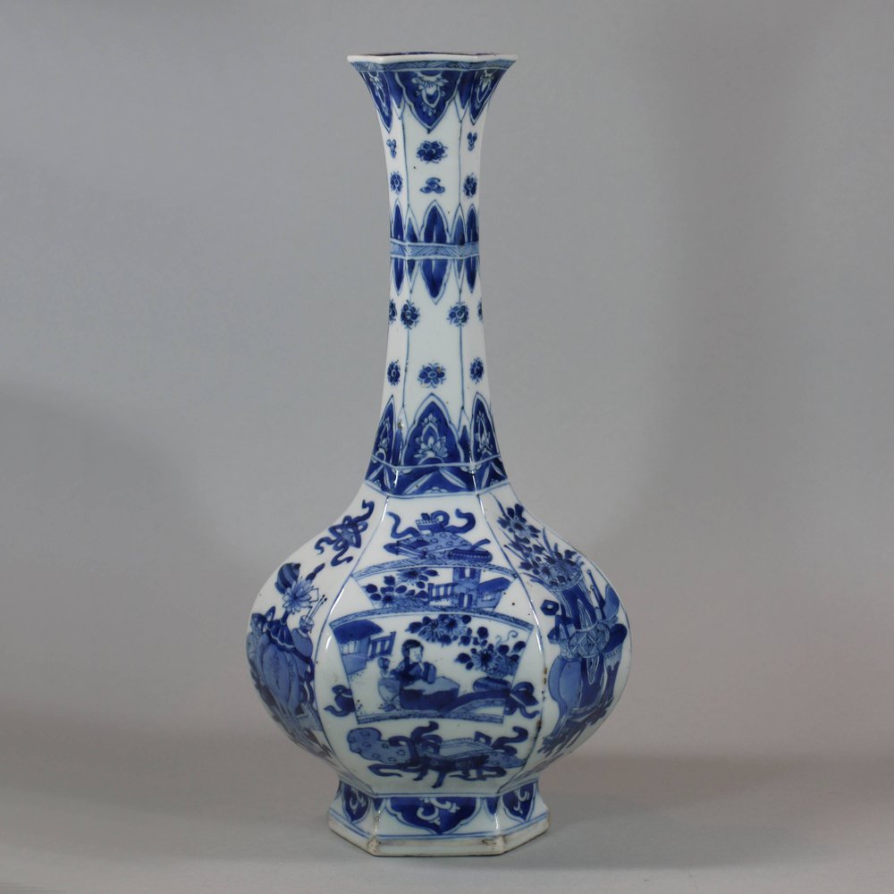 U672 Blue and white facetted hexagonal bottle vase