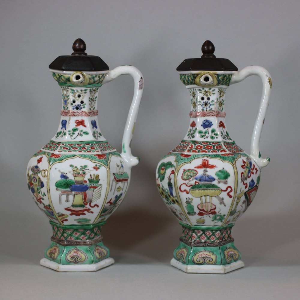 U688 Pair of Chinese hexagonal famille verte puzzle jugs