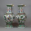 U688 Pair of Chinese hexagonal famille verte puzzle jugs