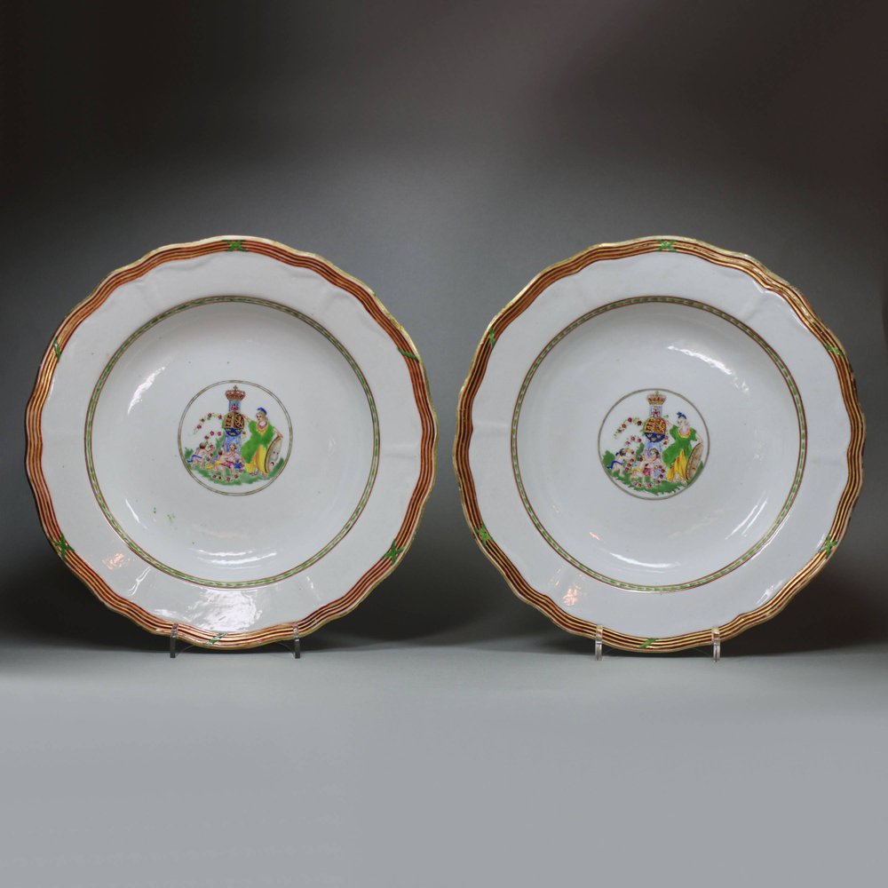 U74 Pair of famille rose 'Danish market' armorial plates