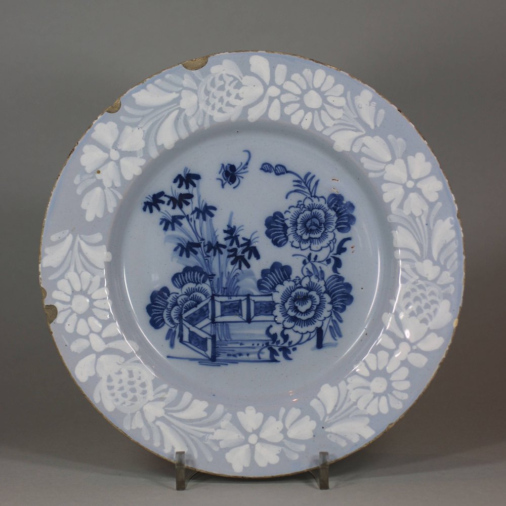 U762 Bristol blue and white ‘Plantation’ delft plate, circa 1760