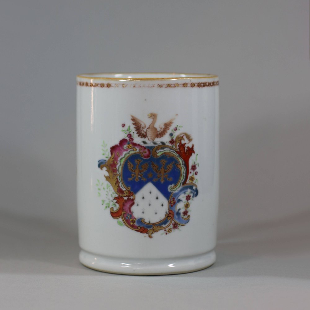 U767 Famille rose Armorial tankard, circa 1750