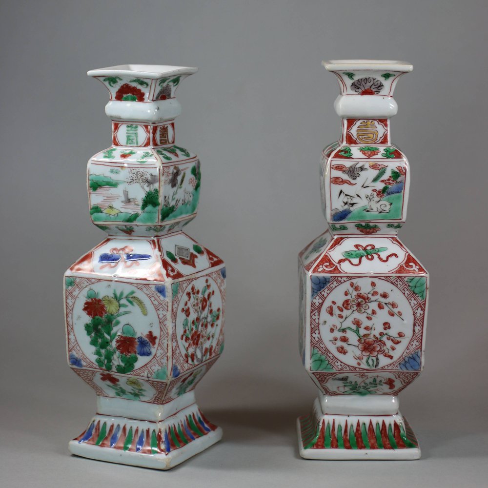 U801 Pair of famille verte porcelain square-section vases