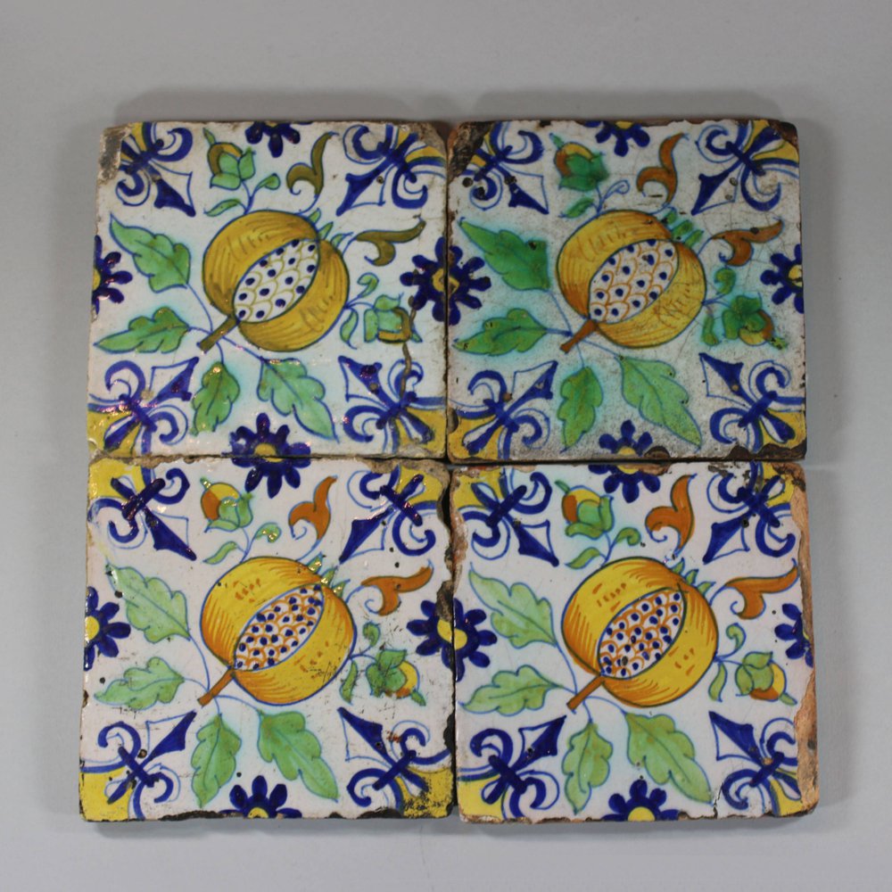 U829 Set of four Dutch Delft polychrome tiles, circa 1600-1630