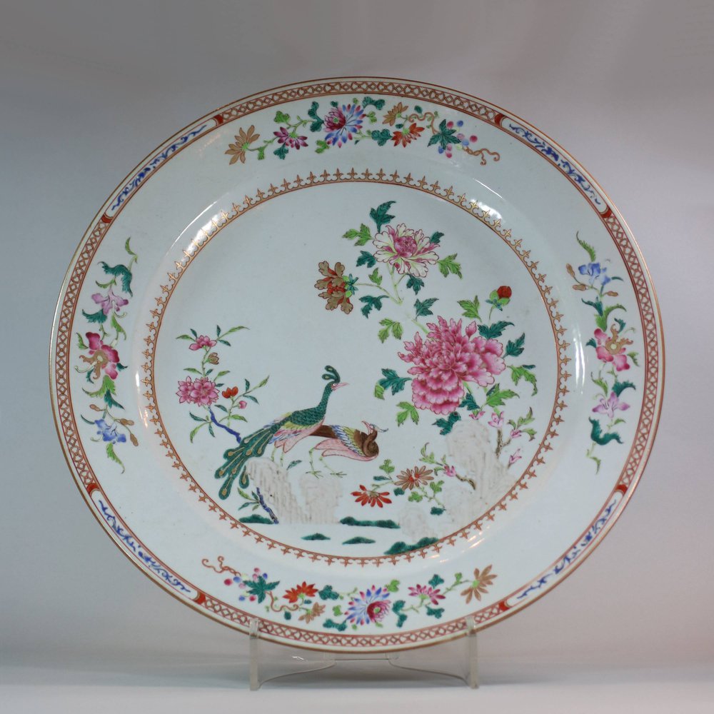 U893 Large famille rose 'double peacock' dish, Qianlong (1736-95)