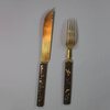 U957 Set of six Japanese gilt-steel knives and forks with kozuka