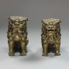 V251 Pair of Chinese bronze Buddhist lion scroll weights