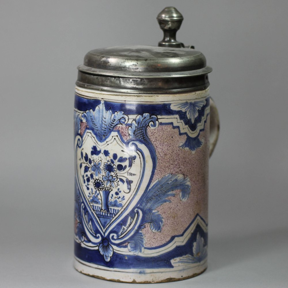 V752 German faience tankard with pewter cover, 18th century