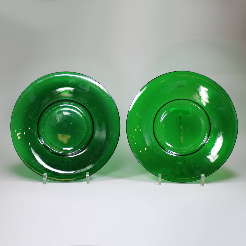 V967 Pair of green Chinese Peking glass plates
