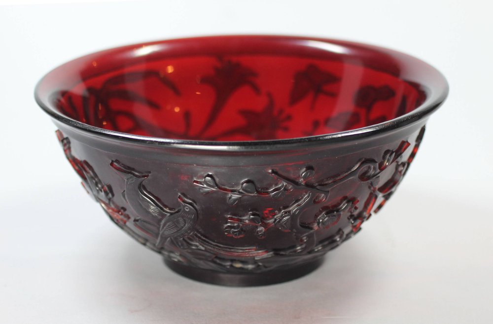 V995 Ruby-red Beijing glass bowl, 19th century, carved with birds