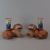 W109 Pair of famille rose recumbent pug dog candle holders