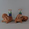 W109 Pair of famille rose recumbent pug dog candle holders