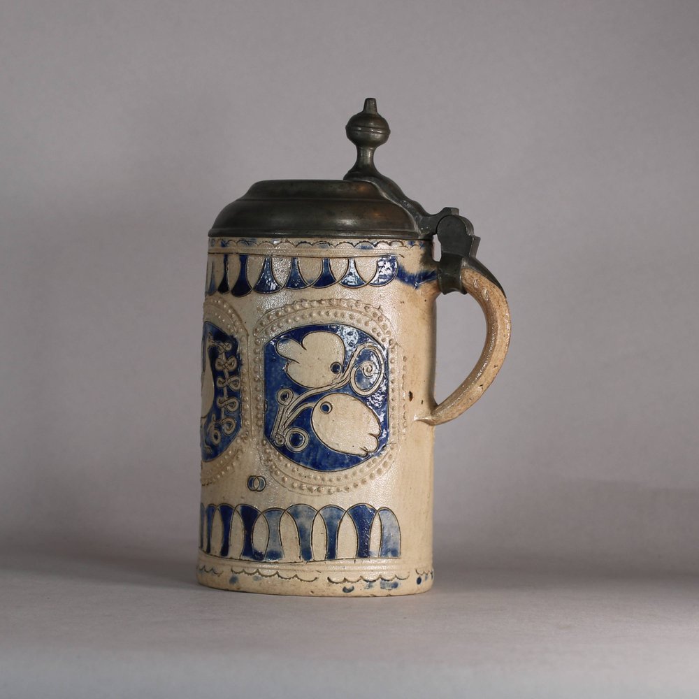 W143 Westerwald salt-glazed tankard with pewter lid 18th century