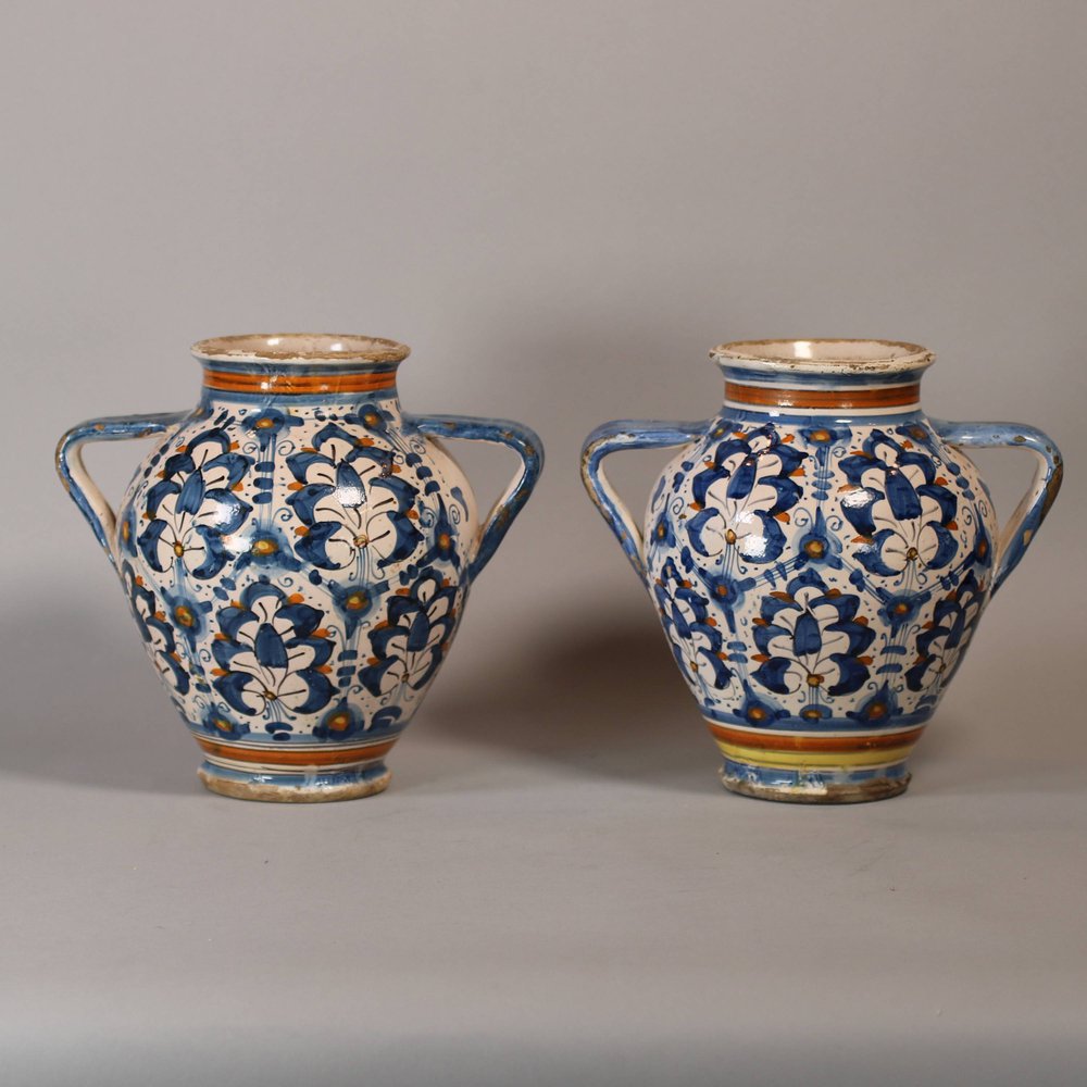 W198 Pair of Italian Montelupo two-handled vases