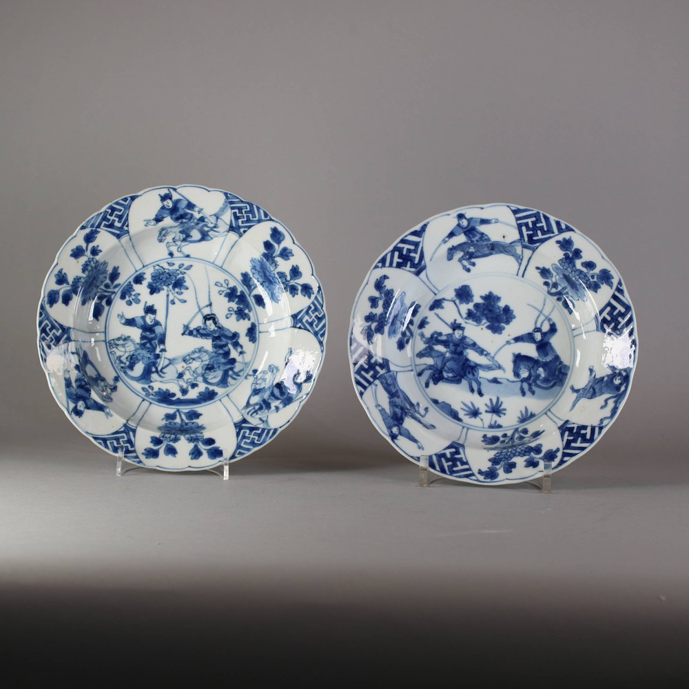 W255 Pair of Chinese small deep blue and white warrior dishes