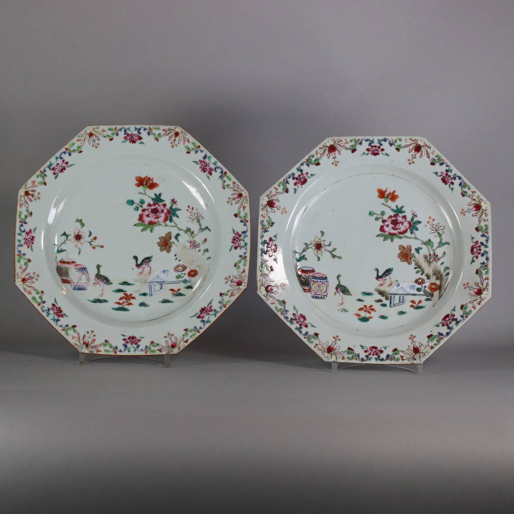 W379 Pair of famille rose octagonal plates, Qianlong (1736-95)