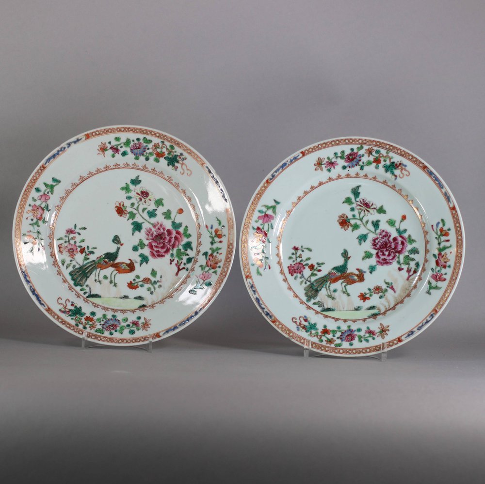 W404 Pair of Chinese ‘double peacock’ famille rose plates, Qianlong (1736-95),