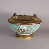 W547 Chinese porcelain moulded bowl, possibly 18th century, mounted as an inkwell, the exterior of the bowl with moulded fretwork with  panels painted with figures in various pursuits, the ormolu inkwell w