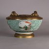 W547 Chinese porcelain moulded bowl, possibly 18th century, mounted as an inkwell, the exterior of the bowl with moulded fretwork with  panels painted with figures in various pursuits, the ormolu inkwell w